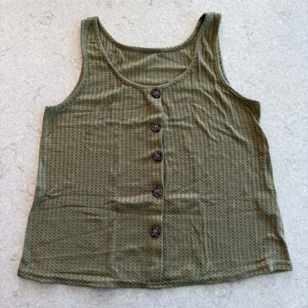 SHEIN Olive Green Waffle Knit Button Front Tank Top Size S